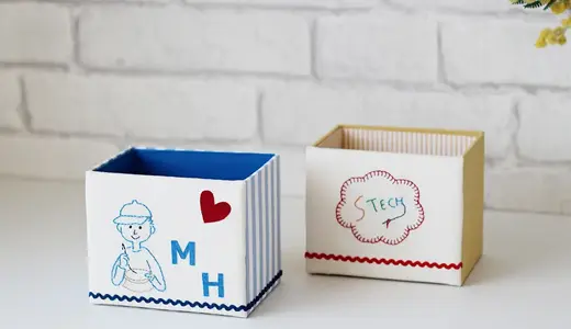 家庭科教材：刺繍のカルトナージュ教材キット写真：基本の箱の完成した作品