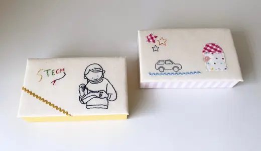家庭科教材：刺繍＋カルトナージュの教材キット写真：お道具箱の２作品（刺繍）