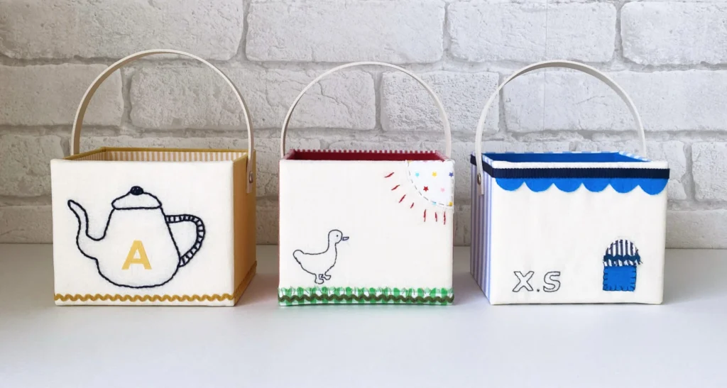 家庭科教材：刺繍＋カルトナージュの教材キット写真：ペン立て（刺繍）