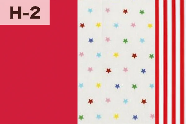 カルトナージュの家庭科教材の色見本：レッド・星柄・ストライプの3色ミックス（H-2）