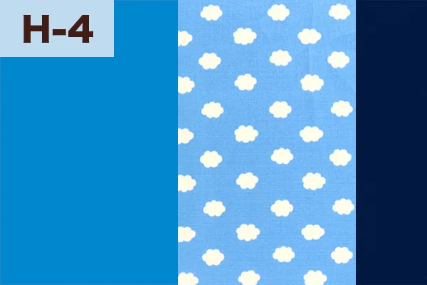 カルトナージュの家庭科教材の色見本：ブルー・雲柄・ダークブルーの3色ミックス（H-4）