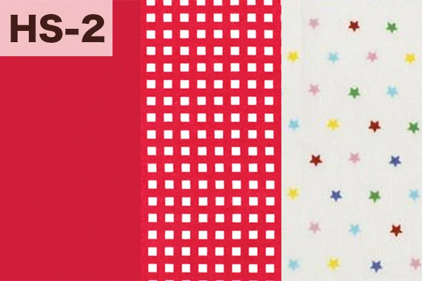 カルトナージュの家庭科教材の色見本：レッド・チェック・星柄の3色ミックス（HS-2）