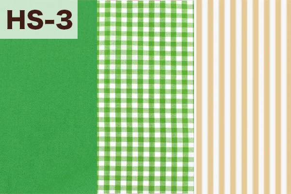 カルトナージュの家庭科教材の色見本：グリーン・チェック・ストライプ柄の3色ミックス（HS-3）
