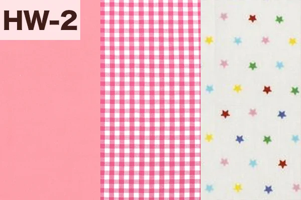 カルトナージュの家庭科教材の色見本：ピンク・チェック・星柄の3色ミックス（HW-2）