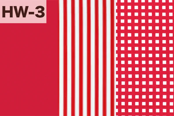 カルトナージュの家庭科教材の色見本：レッド・ストライプ・チェック柄の3色ミックス（HW-3）
