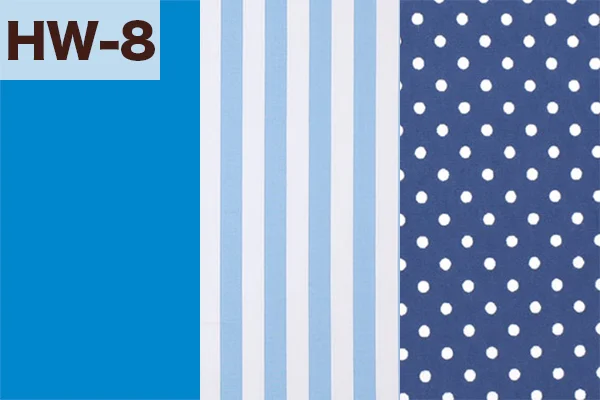 カルトナージュの家庭科教材の色見本：ブルー・ストライプ・水玉柄の3色ミックス（HW-8）