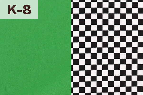 カルトナージュの家庭科教材の色見本：グリーンと白黒チェック柄のミックス（K-8）
