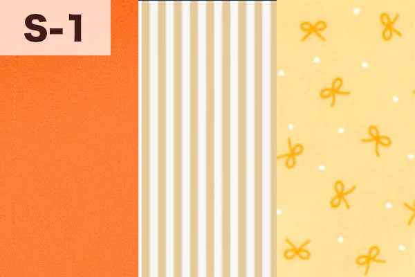 カルトナージュの家庭科教材の色見本:オレンジ・ストライプ・リボン柄の3色ミックス(S-1)