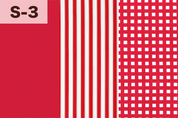 カルトナージュの家庭科教材の色見本:レッド・ストライプ・チェック柄の3色ミックス(S-3)