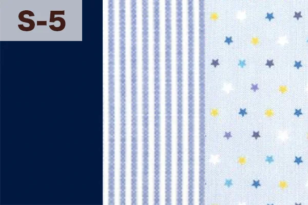 カルトナージュの家庭科教材の色見本:ダークブルー・ストライプー・星柄の3色ミックス(S-5)