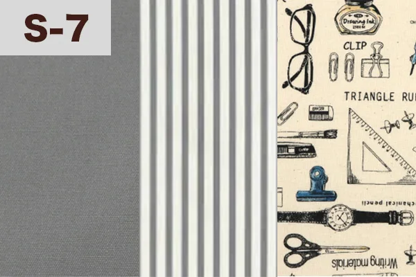 カルトナージュの家庭科教材の色見本:グレー・ストライプ・文具柄の3色ミックス(S-7)