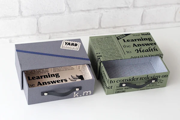 家庭科教材：カルトナージュの教材キット写真：引き出しBOXの完成した作品／２つの作品