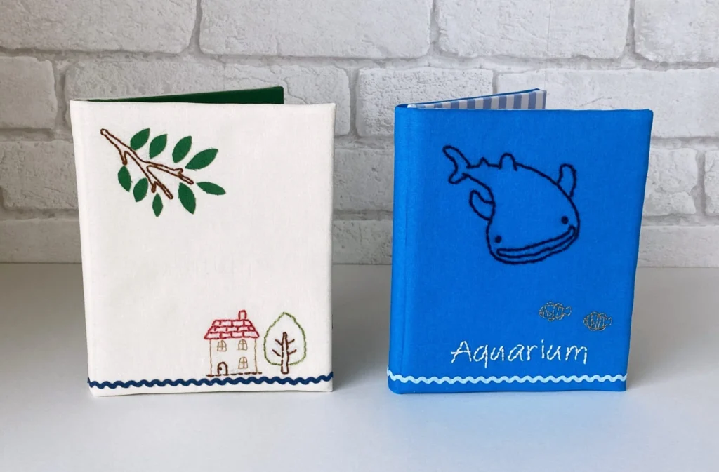 家庭科教材：刺繍＋カルトナージュの教材キット写真：ダブルフォトフレーム（刺繍）完成した表面